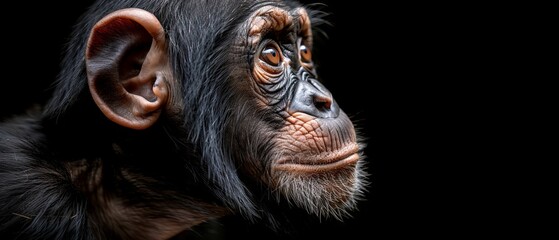 a close up of a monkey's face on a black background with only the upper half of it's face visible.