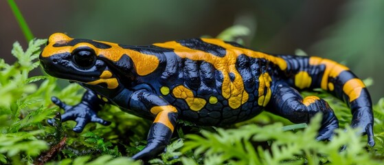 a yellow and black frog sitting on top of a lush green leaf covered field of green and yellow mossy plants.