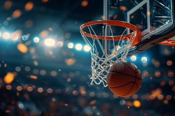 Dramatic angle of a basketball scoring in hoop with arena lights shining brightly in background