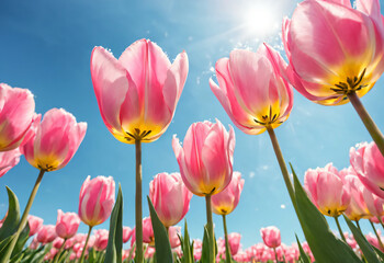 Pink tulips and blue sky