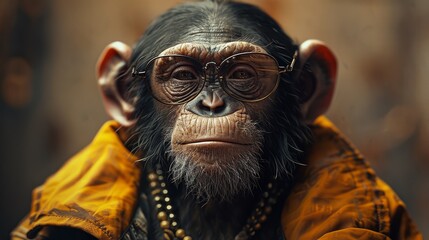 a close up of a chimpan with glasses on it's face and a jacket over it's shoulders.