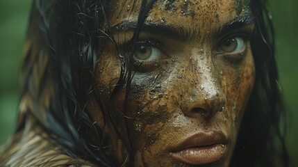 a close up of a woman's face with mud on her face and frecks on her hair.