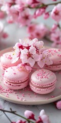 Pink macarons with cherry blossoms, a springtime dessert that combines beauty and taste. Pink macarons, cherry blossoms, springtime beauty