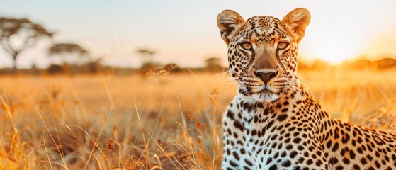 a close up of a cheetah in a field of tall grass with a setting sun in the background.