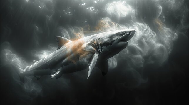 a picture of a shark in the water with a lot of smoke coming out of it's back end.