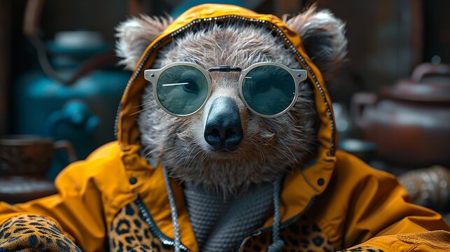 A Close Up Of A Stuffed Animal Wearing Sunglasses And A Yellow Jacket With A Leopard Print On It's Chest.