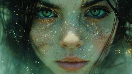 a close up of a woman's face with gold flecks all over her face and a green - eyed girl's eyes.