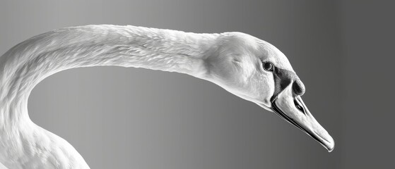 a black and white photo of a swan's head with a long neck and a long bill, on a gray background.