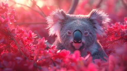 Fototapeta premium a close up of a koala in a tree with pink flowers in the foreground and a pink sky in the background.