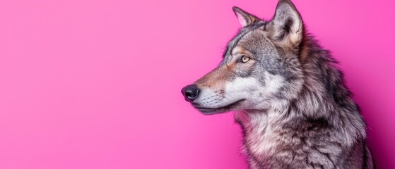 a close up of a dog's head on a pink background with a pink background and a wolf's head.