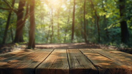 Empty wooden table with Forest background with Blur effect.