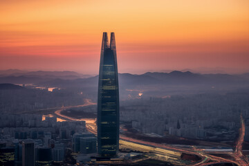 Skyline of Seoul, South Korea, aerial view. Commercial and residential buildings seen from the rooftop of Lotte Corp. World Tower at sunset in Seoul South Korea. Lotte World Tower, Seoul's green tower - obrazy, fototapety, plakaty