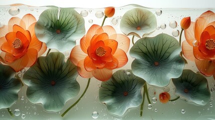 a group of water lilies floating on top of a body of water with drops of water on the bottom of them.