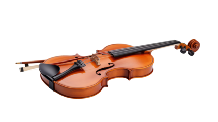 Violin With Bow. A violin and bow are positioned on a plain white background. The violins elegant curves and strings, along with the bows horsehair and frog, are visible in crisp detail.