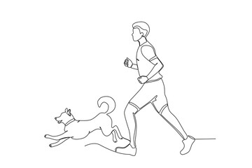 Single continuous line drawing of Man jogging with his pet dog .sport concept one line draw graphic design vector illustration