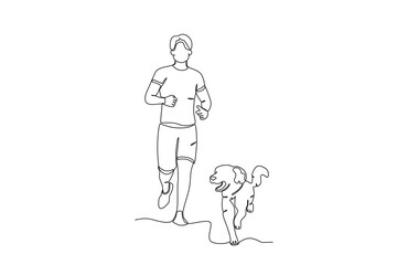 Single continuous line drawing of Man jogging with his pet dog .sport concept one line draw graphic design vector illustration