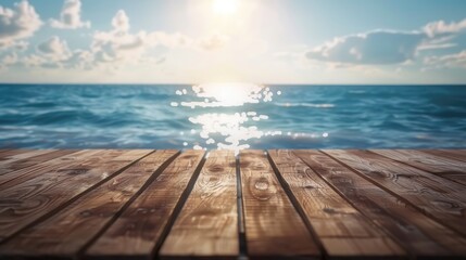 Fototapeta premium Empty wooden table with sea background with Blur effect.