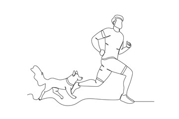 Single continuous line drawing of Man jogging with his pet dog .sport concept one line draw graphic design vector illustration