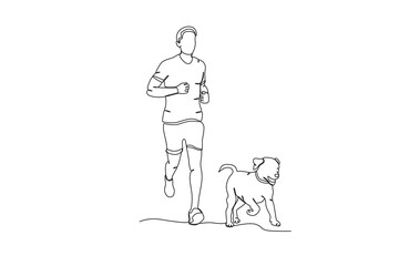 Single continuous line drawing of Man jogging with his pet dog .sport concept one line draw graphic design vector illustration