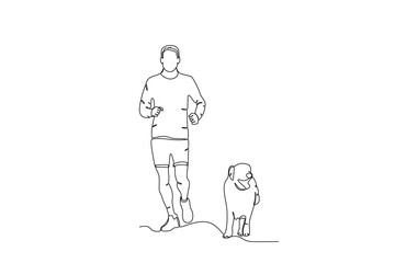 Single continuous line drawing of Man jogging with his pet dog .sport concept one line draw graphic design vector illustration