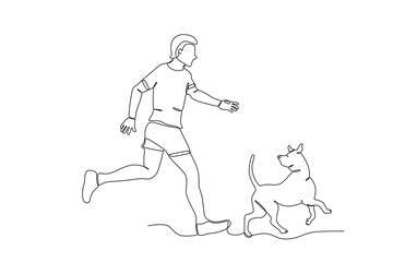 Single continuous line drawing of Man jogging with his pet dog .sport concept one line draw graphic design vector illustration