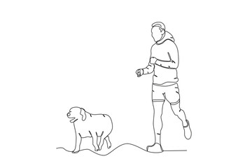Single continuous line drawing of Man jogging with his pet dog .sport concept one line draw graphic design vector illustration
