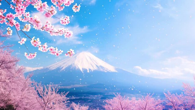 Mount Fuji towering over cherry blossoms in full bloom, Sakura season in Japan with majestic Mount Fuji in the background.