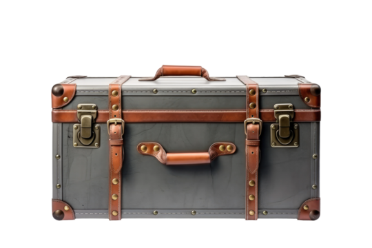 Gray and Brown Suitcase With Brown Straps. A sturdy gray and brown suitcase with brown straps standing on a tiled floor. The suitcase appears to be closed, with the straps securely fastened.