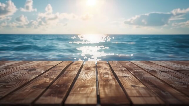 Empty wooden table with sea background with Blur effect.