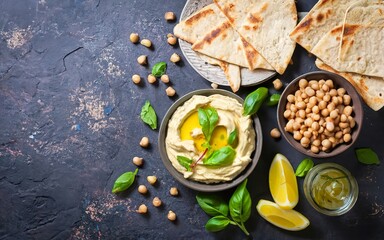 Hummus with olive oil, pita bread and ground cumin in ceramic bowl - obrazy, fototapety, plakaty