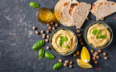 Hummus with olive oil, pita bread and ground cumin in ceramic bowl