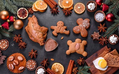 Fototapeta na wymiar Ingredients for making Christmas baked goods. New Year's food background