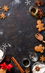 Ingredients for making gingerbread for the new year. Layout of products. Gingerbread man on the kitchen table