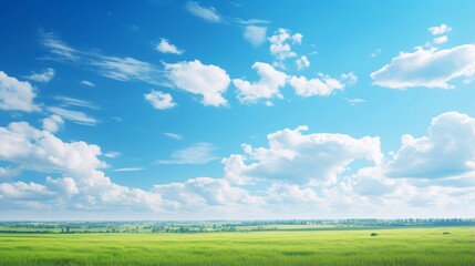 青空と雲、地平線が広がる野原の風景