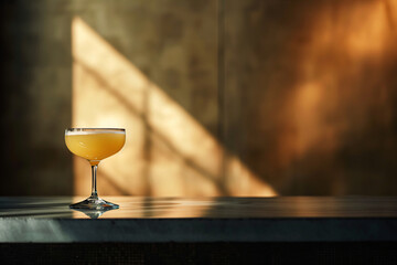 Yellow cocktail in a coupe glass with a warm light and shadow background. Elegant drink concept for bar and restaurant menus