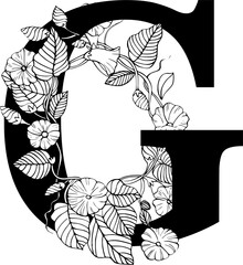 G Floral alphabet. Botanical hand drawn Letters illustration. Uppercase letters with flowers and leaves on isolated background. Vector illustration for invitation card and flowered design element.