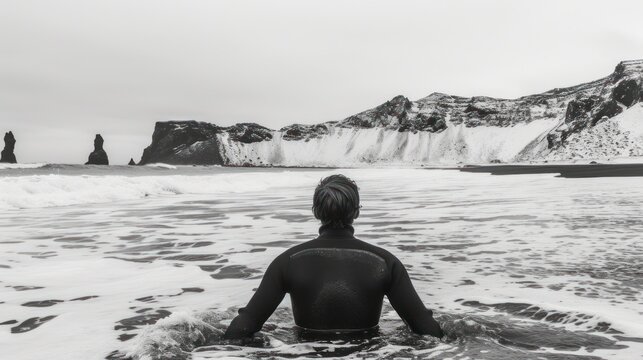 a black and white photo of a person in a wet suit sitting in the water with a mountain in the background.