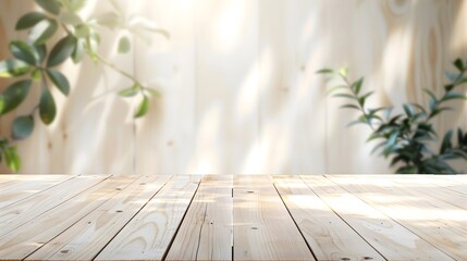 Old wood table with blurred concrete block wall in dark room background.