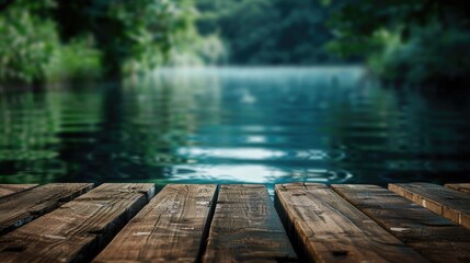 Fototapeta premium Empty wooden table with water background with Blur effect