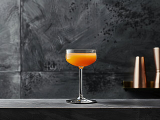 Bright orange cocktail in a coupe glass, modern bar background. Contemporary drink design for social media and cocktail menus - obrazy, fototapety, plakaty