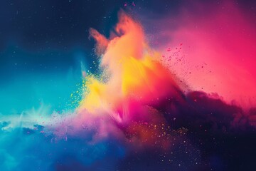 Colors of May, abstract background with powder in blue, yellow, orange, shocking pink, purple hues, and with copyspace for your text. May background banner for special or awareness day, week or month - obrazy, fototapety, plakaty