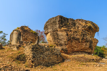 Fototapeta na wymiar Ruin of the Lions of Stone located at Mingun Pahtodawgyi pagoda in Myanmar