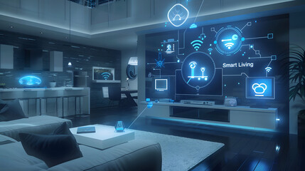 "Futuristic Smart Living": a modern high-tech smart home where artificial intelligence seamlessly integrates with everyday life. Highlight voice-activated controls, automated lighting.