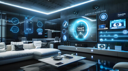 "Futuristic Smart Living": a modern high-tech smart home where artificial intelligence seamlessly integrates with everyday life. Highlight voice-activated controls, automated lighting.