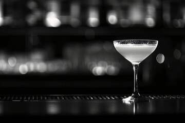 Monochrome cocktail in coupe glass on bar with bokeh lights. Nightlife and luxury concept for design and menu