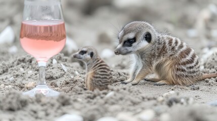Fototapeta premium a baby meerkat standing next to a wine glass with a pink liquid in it and another meerkat sitting next to it.