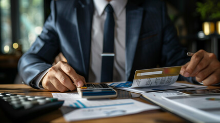 businessman or an accountant calculating the credit card expenses, financial audit concept, businessman working in office  - obrazy, fototapety, plakaty