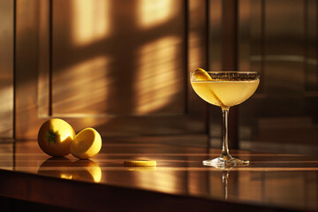 Cocktail with orange zest in a coupe glass, golden lighting. Citrus cocktail concept for design and menu