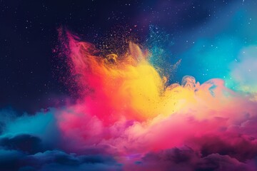 Fototapeta na wymiar Colors of May, abstract background with powder in blue, yellow, orange, shocking pink, purple hues, and with copyspace for your text. May background banner for special or awareness day, week or month