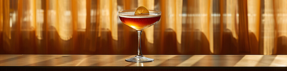 Cocktail with lemon garnish in a coupe glass against a blurred golden curtain background. Elegant drink concept for design and menu - obrazy, fototapety, plakaty
